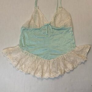 VINTAGE 80’S BABY BLUE/GREEN SHEER LACE TEDDY UNION MADE IN USA SIZE SMALL